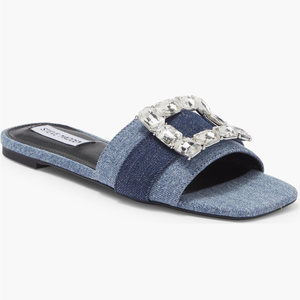 Steve Madden Denim Sandals with Crystal Buckle Birdiee Slide Sandals